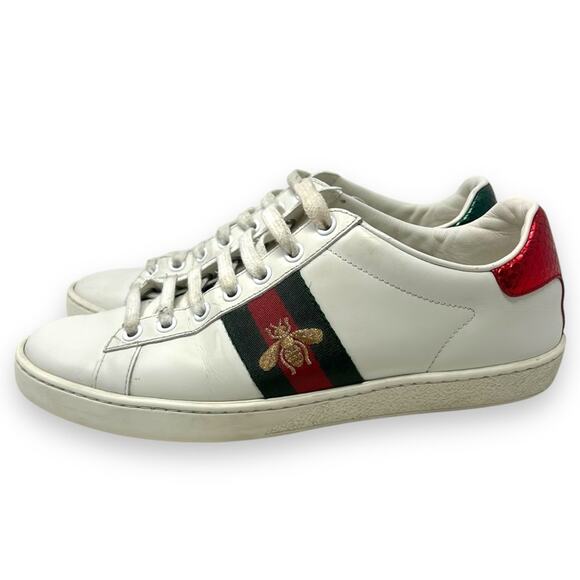 Gucci Ace Web Low Top Sneaker Embroidered Bee Motif White Leather 37.5 Women’s - Picture 4 of 14